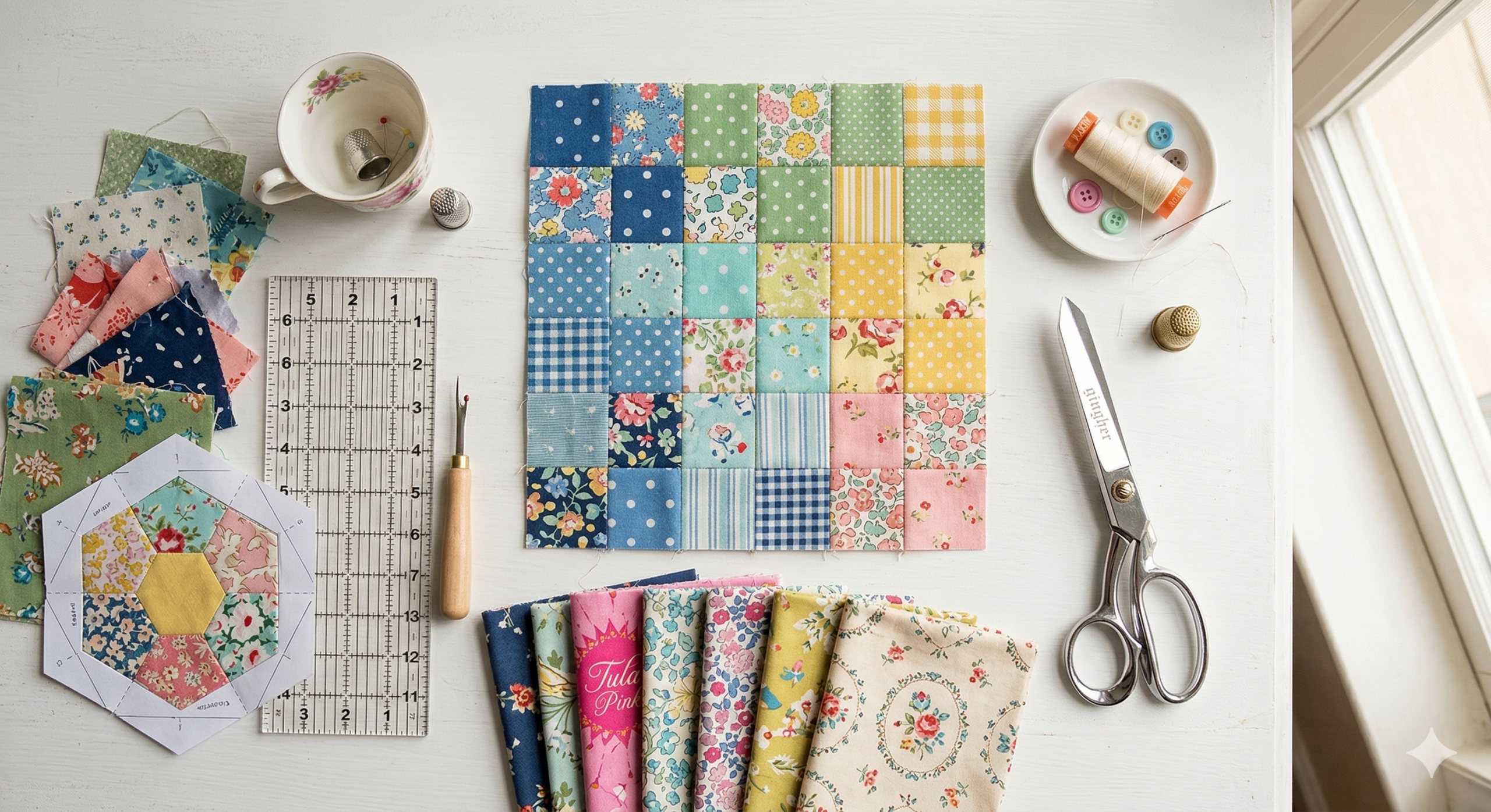 Quilting supplies flat lay