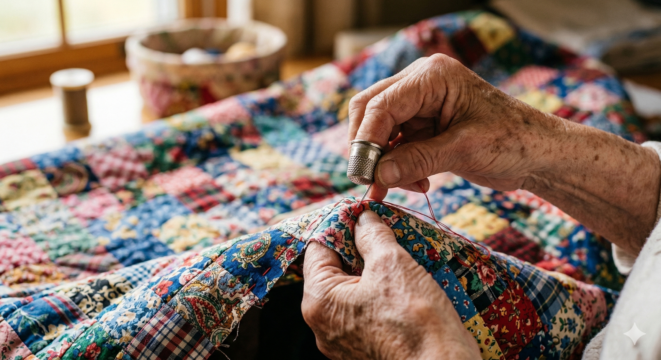 Close-up of hands stitching a handmade quilt