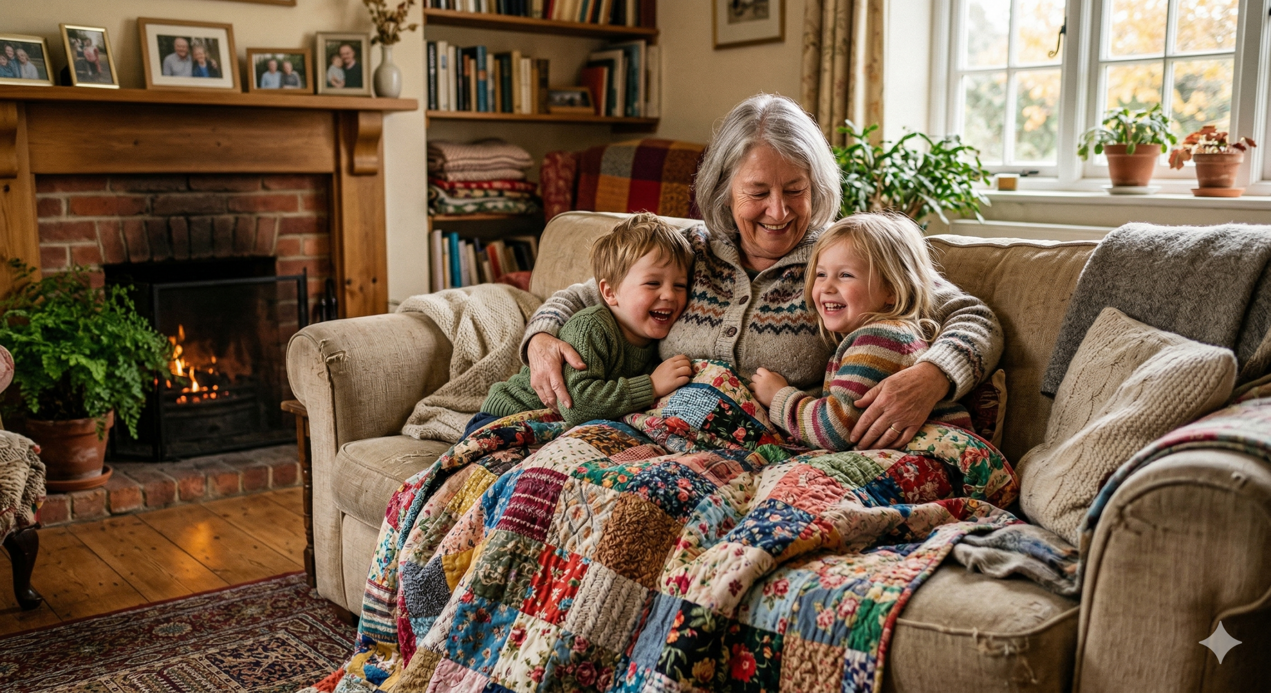 Grandmother and grandchildren wrapped in a handmade quilt