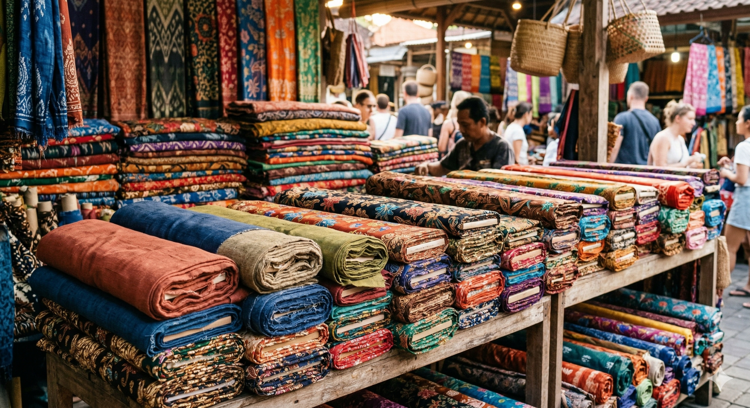 Colorful fabric bolts at an artisan market