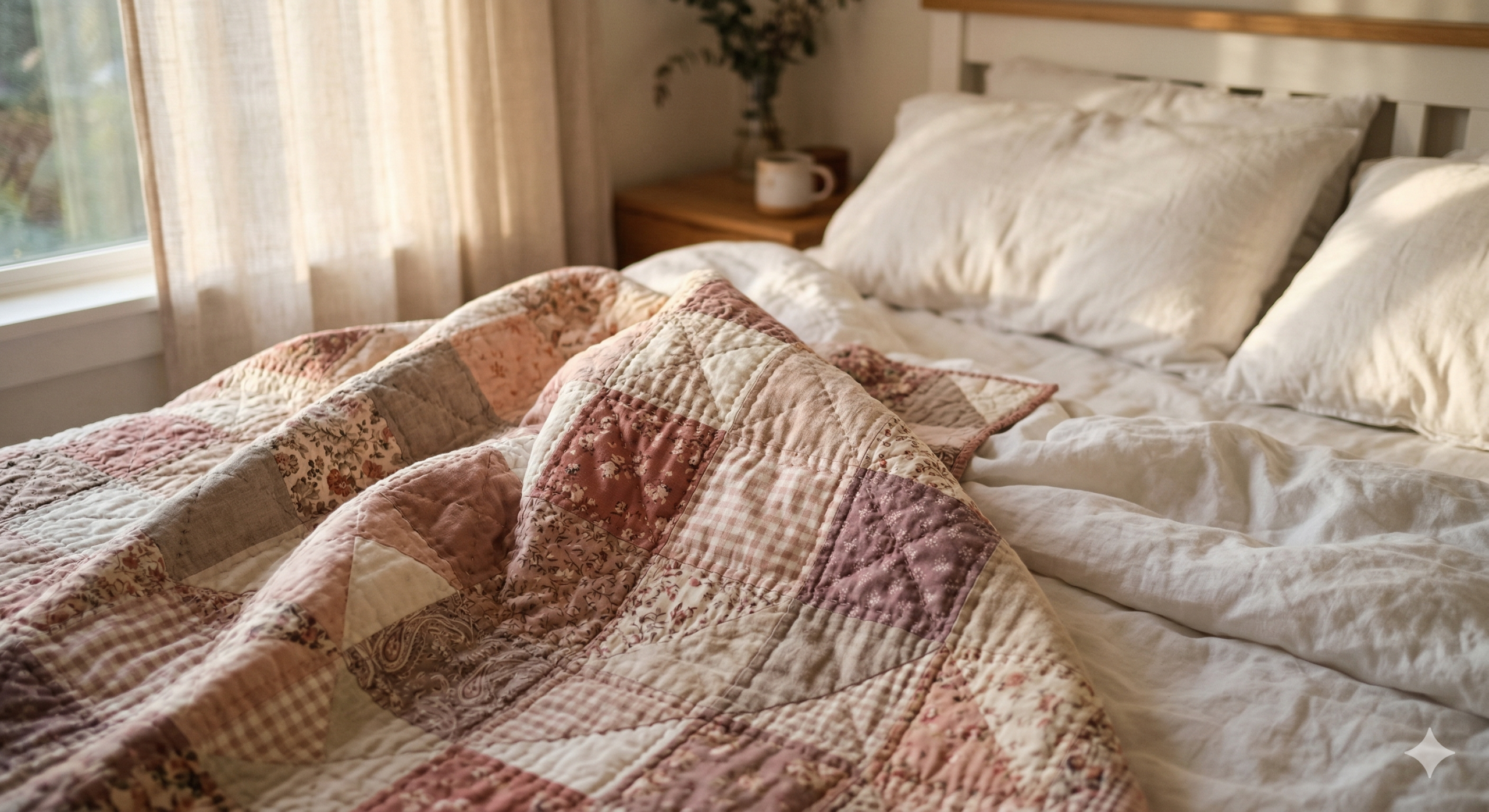 Handmade patchwork quilt draped over a bed
